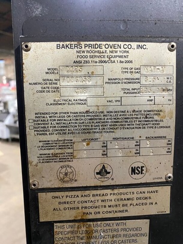 WOW! Bakers Pride Commercial Natural Gas Powered Double Deck Pizza/ Baking Oven! All Stainless Steel! On Legs! 2x Your Bid Makes One Unit! WORKING WHEN REMOVED! Model: D125 SN: F08G058 - Image 11 of 12