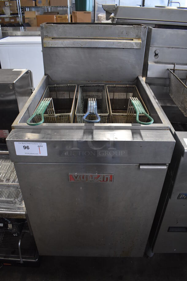Vulcan LG500 Stainless Steel Commercial Floor Style Natural Gas Powered 70 Pound Capacity Deep Fat Fryer w/ 1 Metal Fry Basket w/ 3 Metal Fry Baskets and 2 Lids. 150,000 BTU. 21x30x46.5