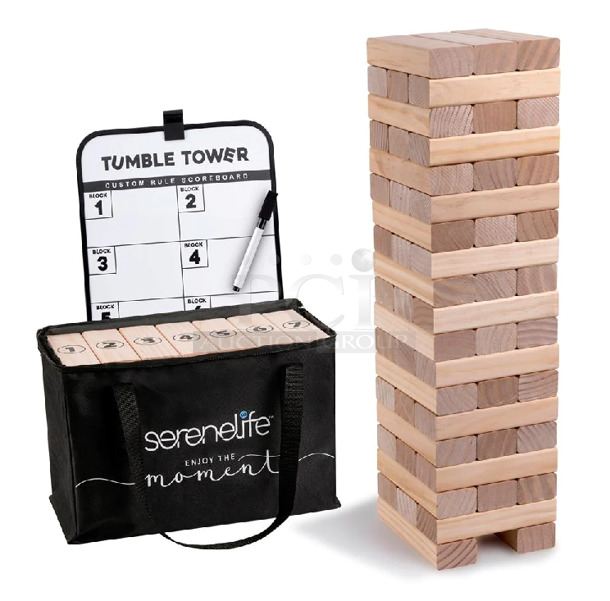 BRAND NEW SCRATCH AND DENT! SereneLife SLBLOK56 Giant Tumble Tower Blocks. Stock Picture Used For Gallery Picture.