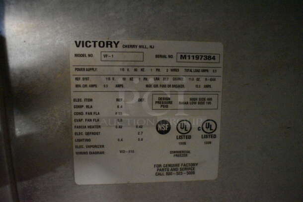 Victory VF-1 Stainless Steel Commercial Single Door Reach In Freezer on Commercial Casters. 115 Volts, 1 Phase. 26.5x33.5x84. Tested and Does Not Power On - Image 6 of 6