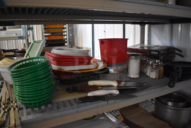 ALL ONE MONEY! Tier Lot of Various Items Including Cast Iron Skillets, Poly Food Baskets and Utensils