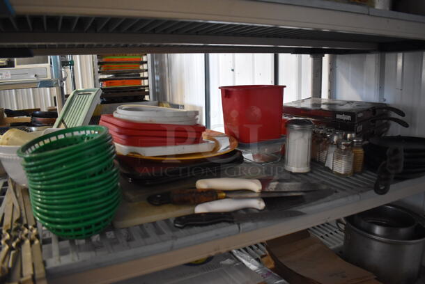 ALL ONE MONEY! Tier Lot of Various Items Including Cast Iron Skillets, Poly Food Baskets and Utensils - Image 1 of 6