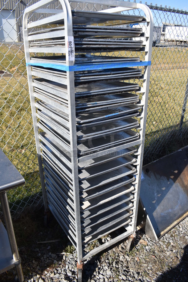 Metal Commercial Pan Transport Rack on Commercial Casters w/ 32 Metal Full Size Baking Pans. 20.5x26x70 - Image 2 of 5