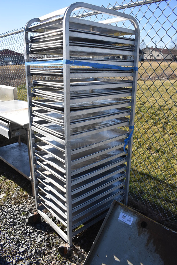 Metal Commercial Pan Transport Rack on Commercial Casters w/ 32 Metal Full Size Baking Pans. 20.5x26x70 - Image 3 of 5