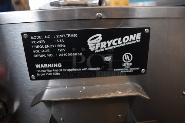 BRAND NEW! Fryclone 259FLTRM50 Stainless Steel Commercial 50 lb. Low Profile Portable Fryer Oil Filter Machine with Pump on Commercial Casters. 120 Volts, 1 Phase. 17x33x37. Tested and Working! - Image 6 of 8