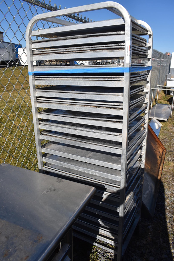 Metal Commercial Pan Transport Rack on Commercial Casters w/ 32 Metal Full Size Baking Pans. 20.5x26x70 - Image 5 of 5