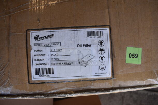 BRAND NEW! Fryclone 259FLTRM50 Stainless Steel Commercial 50 lb. Low Profile Portable Fryer Oil Filter Machine with Pump on Commercial Casters. 120 Volts, 1 Phase. 17x33x37. Tested and Working! - Image 8 of 8