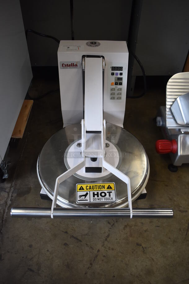 BRAND NEW SCRATCH AND DENT! Estella 348DPC18T Metal Commercial Countertop 18" Dual-Heat Manual Clamshell Pizza / Tortilla Dough Press. Top Knob Is Broken. 240 Volts. 18.5x31x16.5 - Image 1 of 11