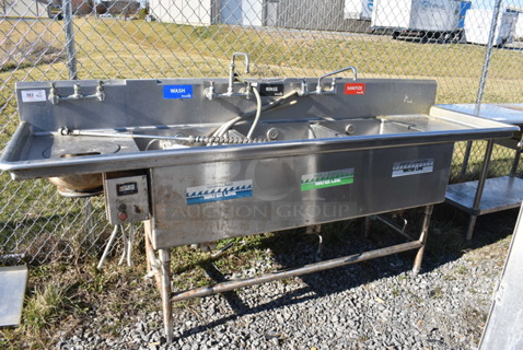 Stainless Steel Commercial 3 Bay Sink w/ Dual Drain Boards, 2 Faucets, 3 Handle Sets. 102x30x41. Bays 20x24x12. Drain Boards 19x26x1