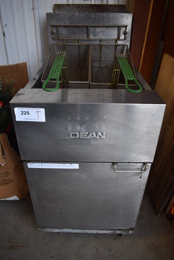 Dean SR162GN Stainless Steel Commercial Floor Style Natural Gas Powered 75 Pound Capacity Deep Fat Fryer on Commercial Casters w/ 2 Metal Fry Baskets. 150,000 BTU. 20x33x44