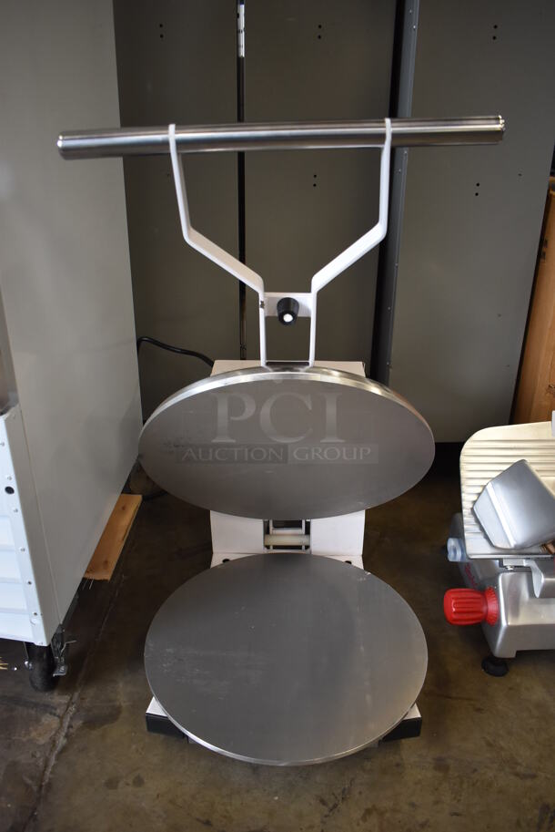 BRAND NEW SCRATCH AND DENT! Estella 348DPC18T Metal Commercial Countertop 18" Dual-Heat Manual Clamshell Pizza / Tortilla Dough Press. Top Knob Is Broken. 240 Volts. 18.5x31x16.5 - Image 9 of 11