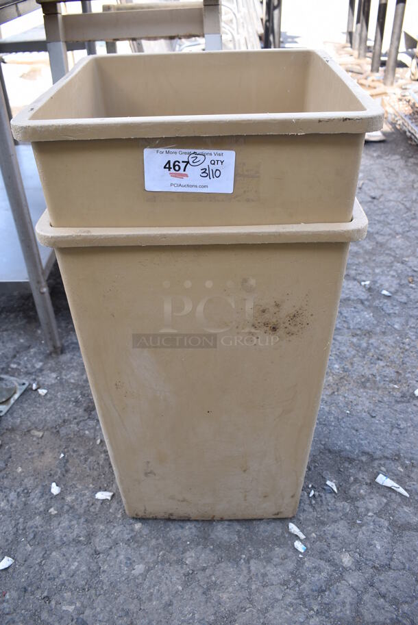 2 Tan Poly Trash Cans. 16.5x16.5x26. 2 Times Your Bid!