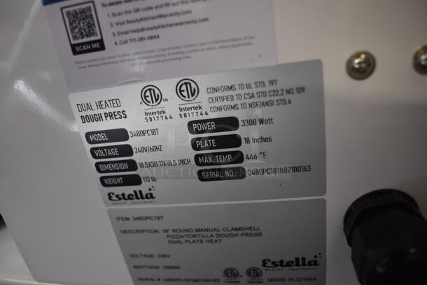 BRAND NEW SCRATCH AND DENT! Estella 348DPC18T Metal Commercial Countertop 18" Dual-Heat Manual Clamshell Pizza / Tortilla Dough Press. Top Knob Is Broken. 240 Volts. 18.5x31x16.5 - Image 10 of 11