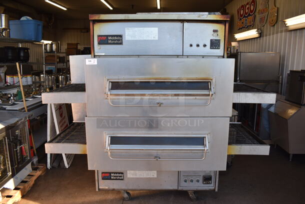 2 Middleby Marshall PS360Q-4 Stainless Steel Commercial Floor Style Natural Gas Powered Conveyor Pizza Oven on Commercial Casters. 135,000 BTU. 90x46x82. 2 Times Your Bid!