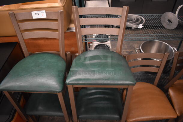 4 Brown Metal Dining Chairs w/ Green Seat Cushions. 17x18x32. 4 Times Your Bid!
