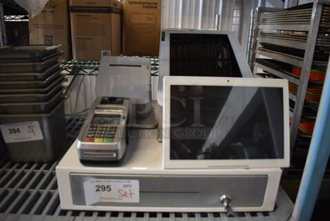ALL ONE MONEY! Lot of Clover POS System; Clover C500 13" POS Monitor, Clover WF1008 Monitor, Clover P550 Receipt Printer, First Data FD130 Credit Card Reader and Metal Cash Drawer