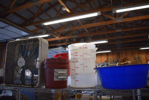 ALL ONE MONEY! Tier Lot of Various Items Including Box Fan and Poly Bins