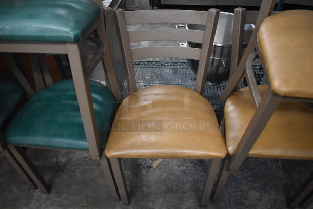 3 Brown Metal Dining Chairs w/ Tan Seat Cushions. 17x18x32. 3 Times Your Bid!