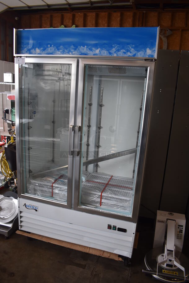 BRAND NEW SCRATCH AND DENT! Avantco 178GCD40HCW Metal Commercial 2 Door Reach In Cooler Merchandiser w/ Poly Coated Racks and LED Lighting on Commercial Casters. Right Door Is Missing 1 Pane of Glass. 115 Volts, 1 Phase. 48x27x85. Tested and Working! - Image 2 of 9