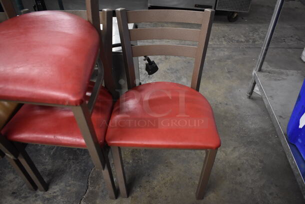 3 Brown Metal Dining Chairs w/ Red Seat Cushions. 17x18x32. 3 Times Your Bid!