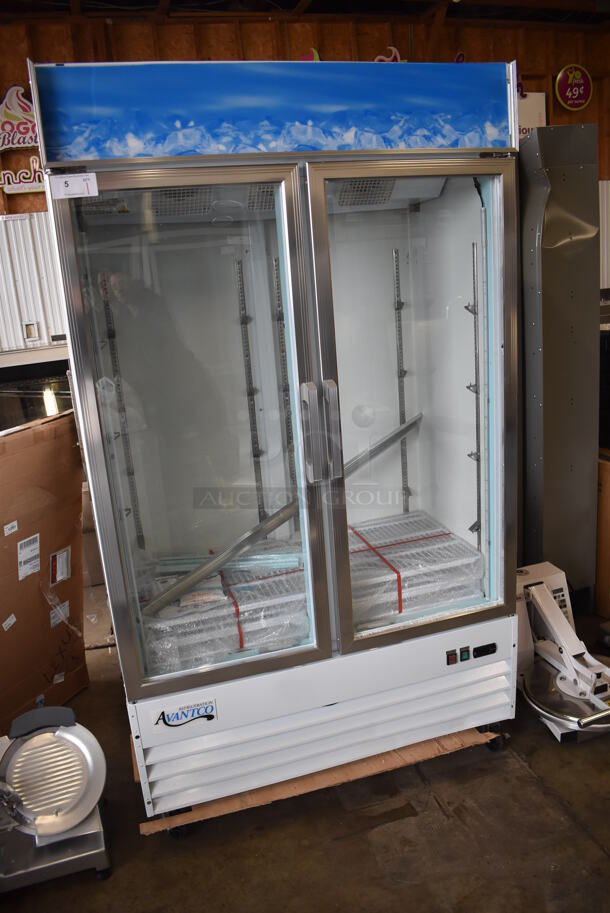 BRAND NEW SCRATCH AND DENT! Avantco 178GCD40HCW Metal Commercial 2 Door Reach In Cooler Merchandiser w/ Poly Coated Racks and LED Lighting on Commercial Casters. Right Door Is Missing 1 Pane of Glass. 115 Volts, 1 Phase. 48x27x85. Tested and Working! - Image 3 of 9