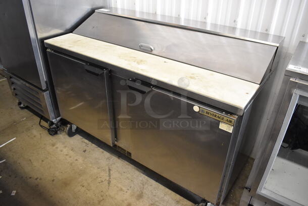 Beverage Air SPE60-16 Stainless Steel Commercial Sandwich Salad Prep Table Bain Marie Mega Top on Commercial Casters. 115 Volts, 1 Phase. 60x29x44. Tested and Powers On But Does Not Get Cold
