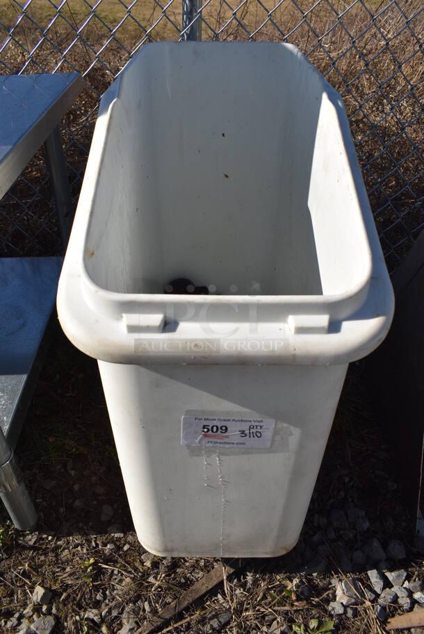 White Poly Ingredient Bin on Commercial Casters. Missing 1 Caster. 13x29x29