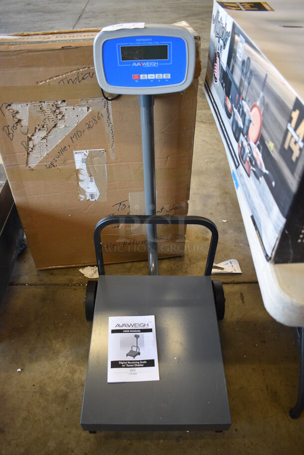 BRAND NEW IN BOX! AvaWeigh 334FS500TW Metal Commercial Floor Style 500 Pound Capacity Digital Receiving Scale with Tower Display - Missing AC Adapter. 19x28x38. Tested and Working!