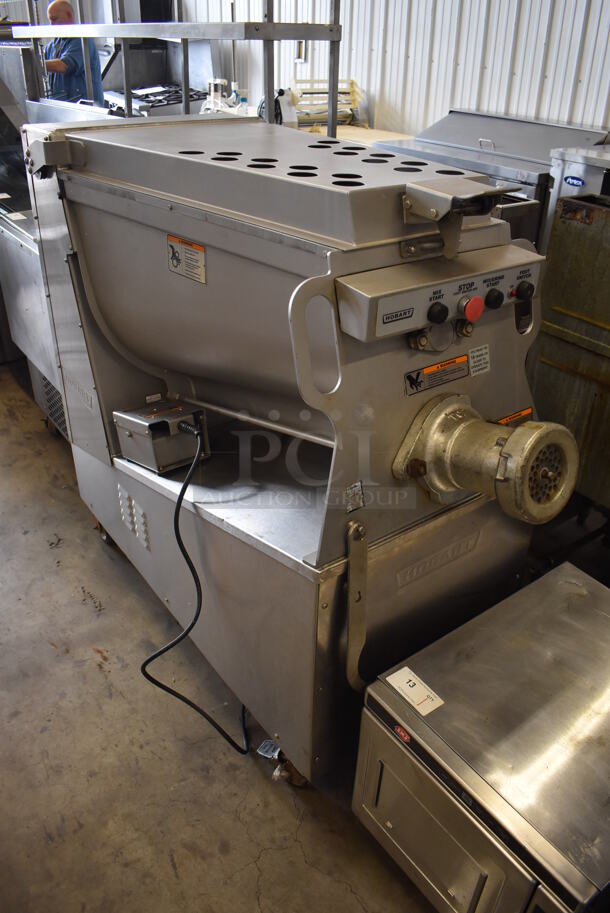 Hobart MG2032 Metal Commercial Floor Style Meat Mixer Grinder w/ Pedal on Commercial Casters. 208 Volts, 3 Phase. 57x25.5x51