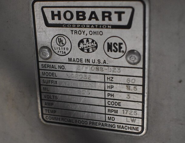 Hobart MG2032 Metal Commercial Floor Style Meat Mixer Grinder w/ Pedal on Commercial Casters. 208 Volts, 3 Phase. 57x25.5x51 - Image 9 of 11