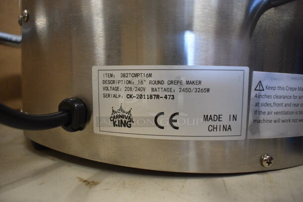 BRAND NEW SCRATCH AND DENT! Carnival King 382TCMPT16M Stainless Steel Commercial Countertop 16" Non-Stick Round Portable Crepe Maker. 208/240 Volts. 20x18x7. Tested and Working! - Image 6 of 7