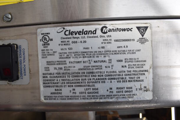 2010 Cleveland OGS-6.20 Stainless Steel Commercial Natural Gas Powered Combi Convection Oven w/ View Through Door, Metal Oven Racks and Under Shelf on Commercial Casters. 75,700 BTU. 51x44x61 - Image 3 of 9
