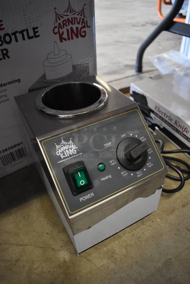 BRAND NEW IN BOX! Carnival King 382SBW1 Stainless Steel Commercial Countertop Single 32 oz. Sauce / Topping Bottle Warmer. 120 Volts, 1 Phase. 6.5x9x8.5. Tested and Working! - Image 3 of 5
