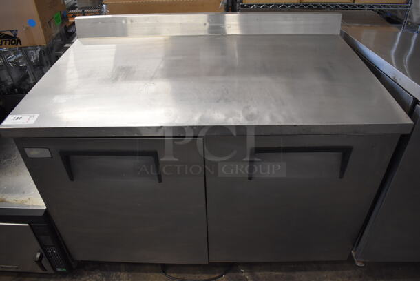 True TWT-48 Stainless Steel Commercial 2 Door Work Top Cooler w/ Back Splash on Commercial Casters. 115 Volts, 1 Phase. 48x30x39. Tested and Working!