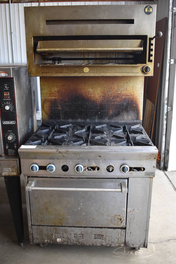 US Range Stainless Steel Commercial Natural Gas Powered 6 Burner Range w/ Oven, Salamander Cheese Melter and Back Splash on Commercial Casters. 36x33x74