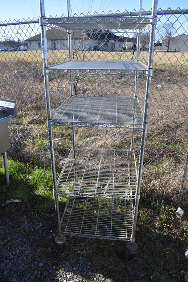 Chrome Finish 5 Tier Wire Shelving Unit on Commercial Casters. BUYER MUST DISMANTLE. PCI CANNOT DISMANTLE FOR SHIPPING. PLEASE CONSIDER FREIGHT CHARGES. 24x30x79 - Image 1 of 3