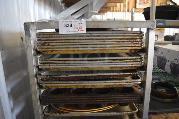 Metal Commercial Pan Transport Rack on Commercial Casters w/ 28 Metal Full Size Baking Pans and Contents. 20.5x26x70 - Image 2 of 6