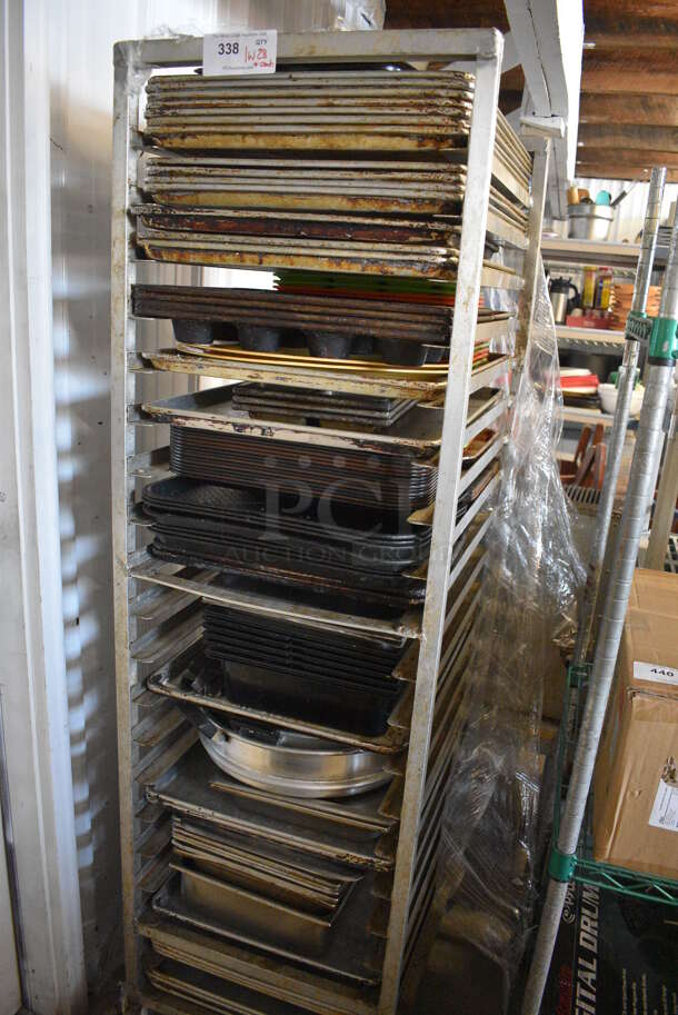 Metal Commercial Pan Transport Rack on Commercial Casters w/ 28 Metal Full Size Baking Pans and Contents. 20.5x26x70 - Image 6 of 6