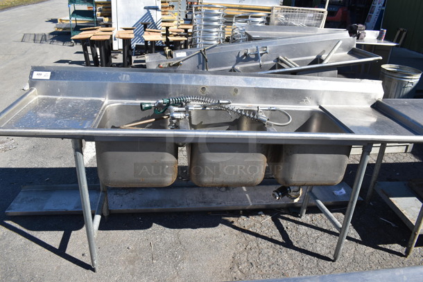Stainless Steel 3 Bay Sink w/ Dual Drain Boards, Faucet, Handles and Spray Nozzle Attachment. 90x27x39. Bays 16x20x12. Drain Boards 16x23x1