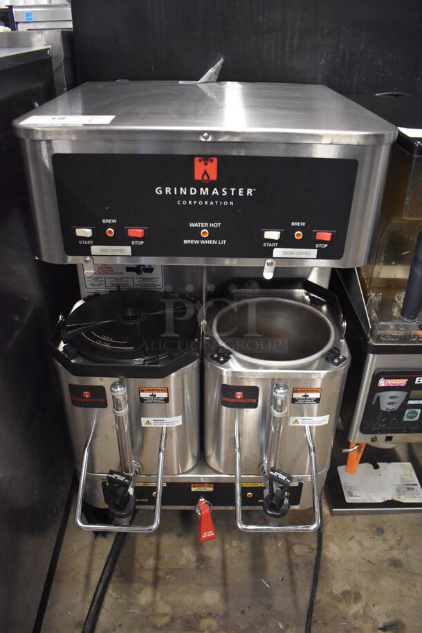 Grindmaster P-400E Stainless Steel Commercial Countertop Coffee Machine w/ Hot Water Dispenser and 2 Stainless Steel Beverage Holder Dispensers. 120/208-240 Volts, 1 Phase. 18x24x29.5