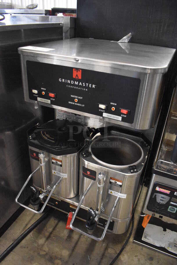 Grindmaster P-400E Stainless Steel Commercial Countertop Coffee Machine w/ Hot Water Dispenser and 2 Stainless Steel Beverage Holder Dispensers. 120/208-240 Volts, 1 Phase. 18x24x29.5 - Image 2 of 7