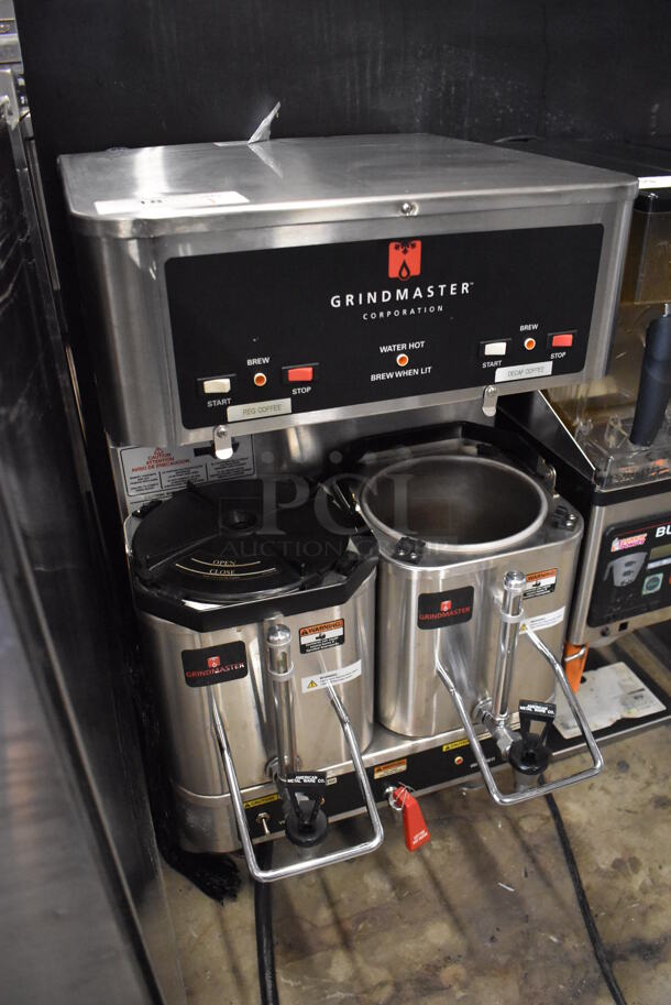 Grindmaster P-400E Stainless Steel Commercial Countertop Coffee Machine w/ Hot Water Dispenser and 2 Stainless Steel Beverage Holder Dispensers. 120/208-240 Volts, 1 Phase. 18x24x29.5 - Image 3 of 7