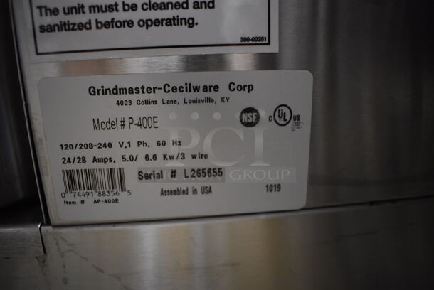 Grindmaster P-400E Stainless Steel Commercial Countertop Coffee Machine w/ Hot Water Dispenser and 2 Stainless Steel Beverage Holder Dispensers. 120/208-240 Volts, 1 Phase. 18x24x29.5 - Image 7 of 7