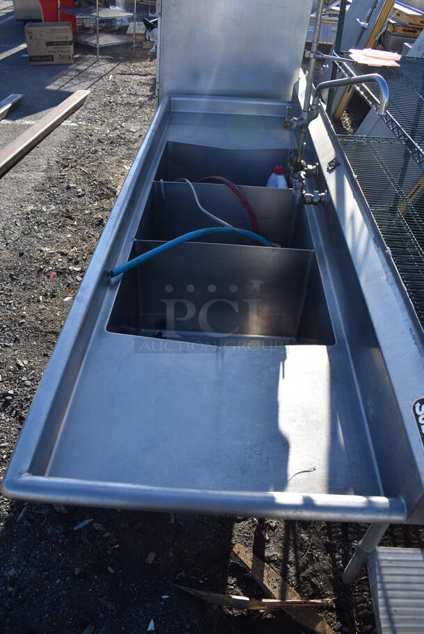 Duke Stainless Steel Commercial 3 Bay Sink w/ Dual Drain Boards, Faucet and Handles. 84x30x43. Bays 16x21x13. Drain Boards 17x23x1 - Image 4 of 10