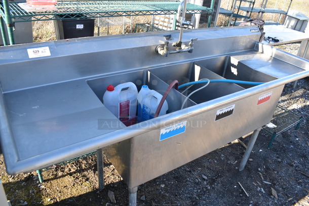 Duke Stainless Steel Commercial 3 Bay Sink w/ Dual Drain Boards, Faucet and Handles. 84x30x43. Bays 16x21x13. Drain Boards 17x23x1 - Image 10 of 10