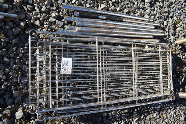 ALL ONE MONEY! Lot of 4 Chrome Finish Wire Shelves w/ 8 Pole Halves. 36x14x1.5, 27" - Image 2 of 4