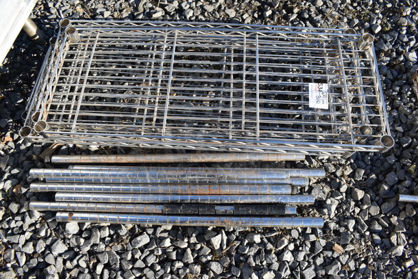 ALL ONE MONEY! Lot of 4 Chrome Finish Wire Shelves w/ 8 Pole Halves. 36x14x1.5, 27" - Image 3 of 4