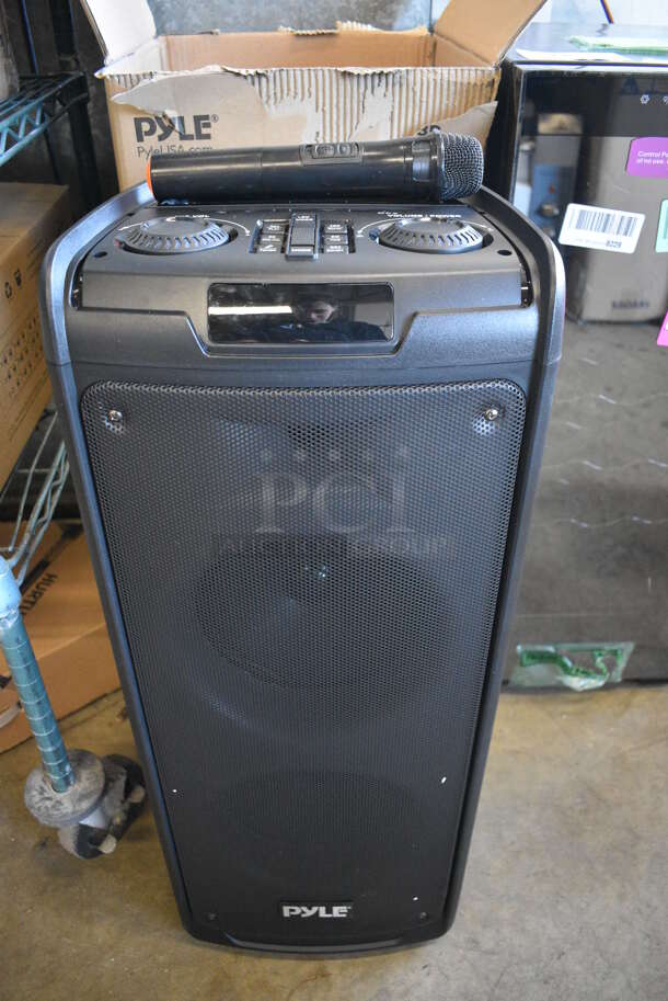 IN ORIGINAL BOX! Pyle PSUFM1288B Portable PA Speaker System and Microphone System. 13x13x31 - Image 1 of 12