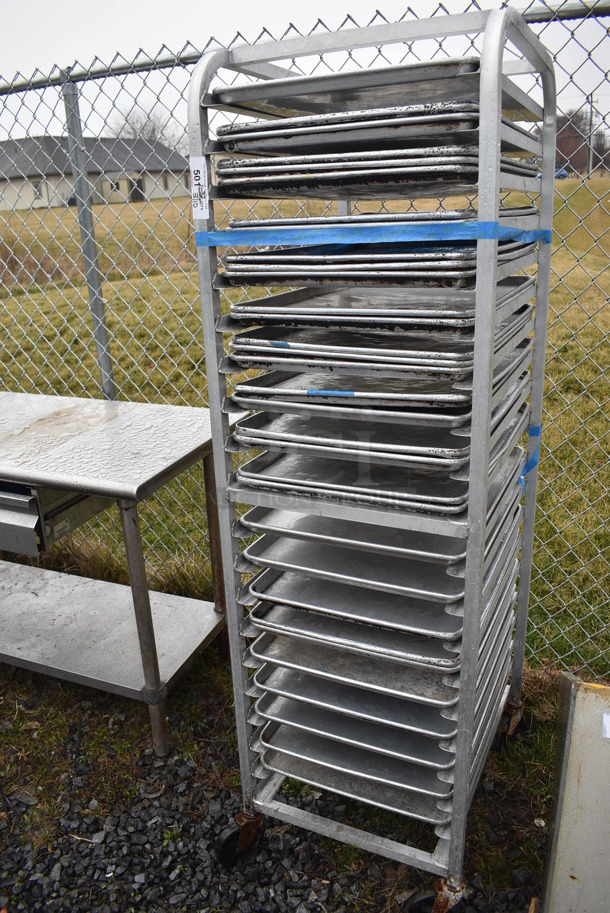 Metal Commercial Pan Transport Rack on Commercial Casters w/ 32 Metal Full Size Baking Pans. 20.5x26x70