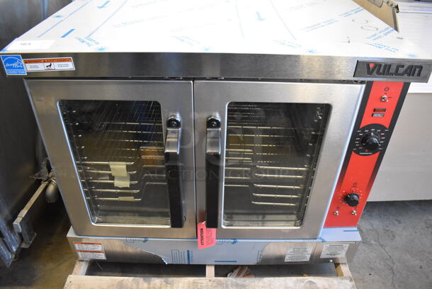 BRAND NEW! LATE MODEL! Vulcan Model VC4ED Stainless Steel Commercial Electric Powered Full Size Convection Oven w/ View Through Doors, Metal Oven Racks and Thermostatic Controls. 208 Volts, 3/1 Phase. 40x40x36. Tested and Working!